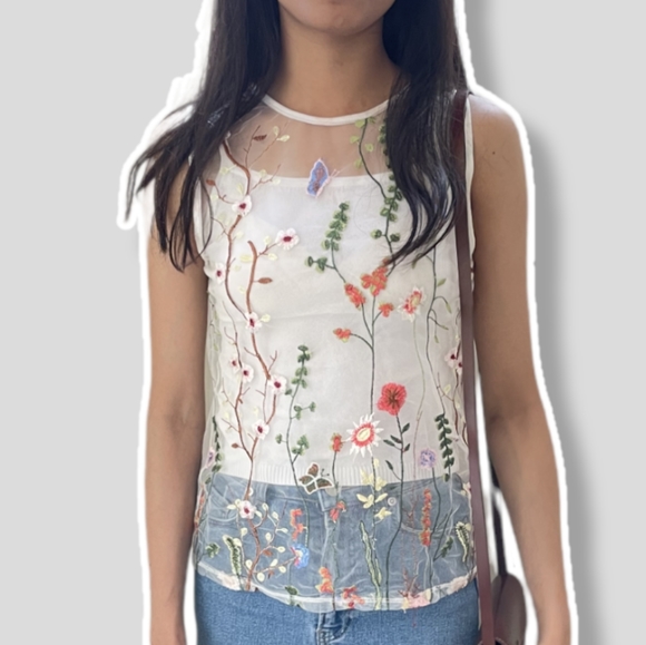 Tops - White Embroidered Mesh Top